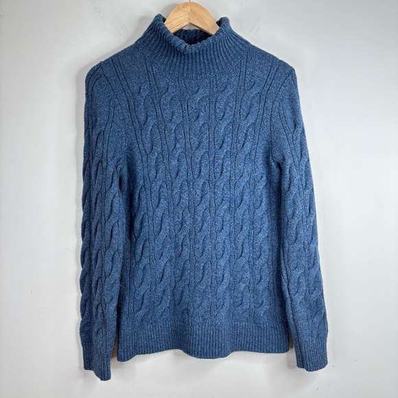 LL Bean Wool Turtleneck Sweater M Cable Knit Blue Classic Preppy Fisherman Fall - Picture 1 of 10